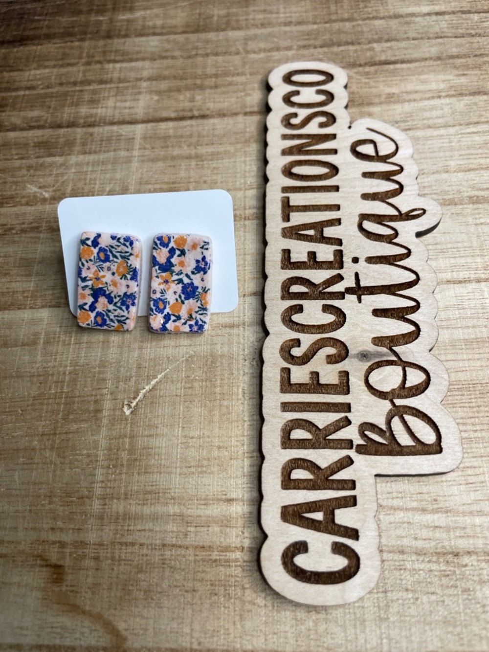 Floral Rectangle Stud Earrings in Blue & Peach